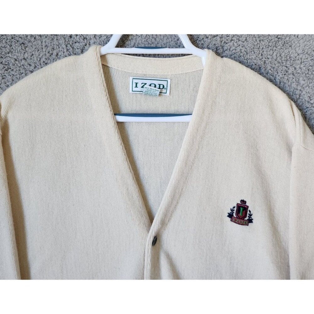 VTG Izod Cream Crest Logo Button Front Cardigan Sweater Size XL USA Made Acrylic - Picture 2 of 16